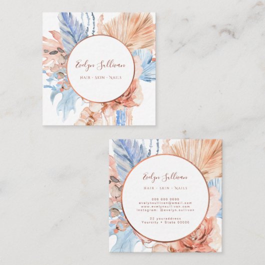 桃と青の花束の名刺 スクエア名刺 (正面/裏面)