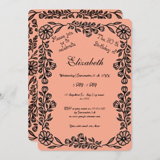 桃と黒の植物学フローラ30th Birthday 招待状 (正面/裏面)