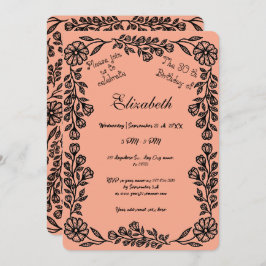 桃と黒の植物学フローラ30th Birthday 招待状