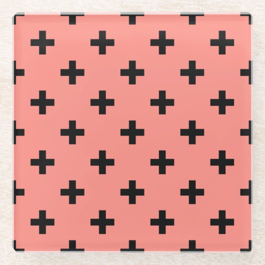 桃に黒いポルカ十字 ガラスコースター (正面)
