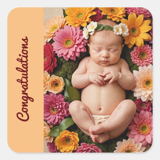 桃のお祝い新生児写真 スクエアシール (正面)