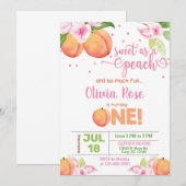 桃のように甘い女の子の誕生日招待状。 招待状 (正面/裏面)