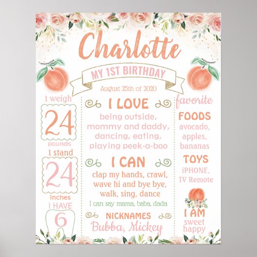 桃のように甘い最初の誕生日のマイルストーンのサイン ポスター (正面)