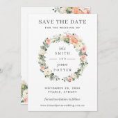 桃のアイボリーピンクのフローラ結婚式の日付カードを保存 招待状 (正面/裏面)