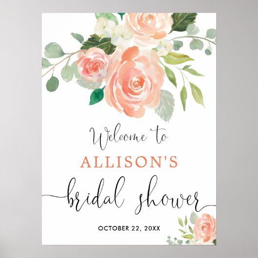 桃のグリーンと花のウェルカムサイン 花嫁のシャワー ポスター (正面)
