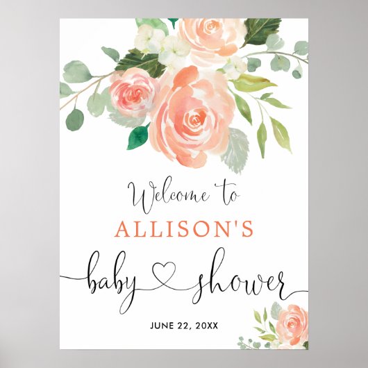 桃のグリーンと花のベビーシャワーウェルカムサイン ポスター (正面)