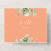 桃のグリーンと花のQRコードモノグラム結婚式 オールインワン招待状 (裏面)