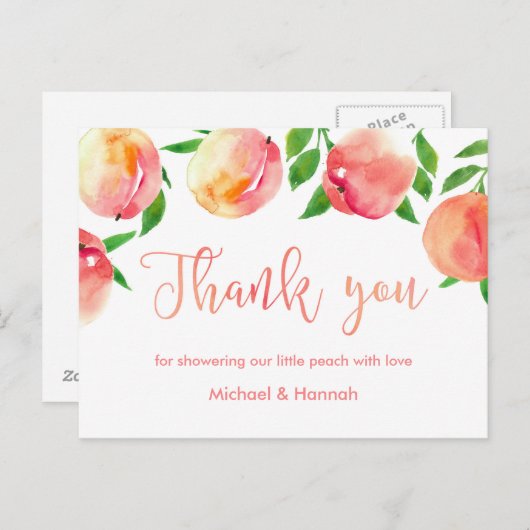 桃のサンキューカード、小さな桃の赤ちゃんシャワー ポストカード (正面/裏面)