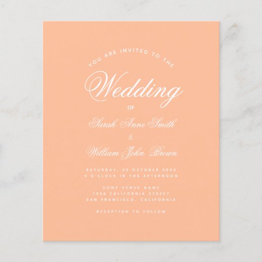 桃のシンプルスクリプト予算ウェディング招待状 (正面)