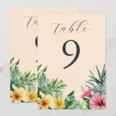 桃のトロピカルフラワーとグリーンのテーブルナンバー 招待状 (正面/裏面)