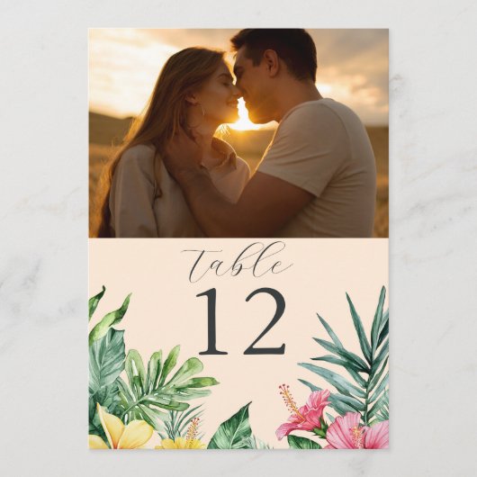 桃のトロピカルフラワーフォトテーブルナンバー 招待状 (正面)