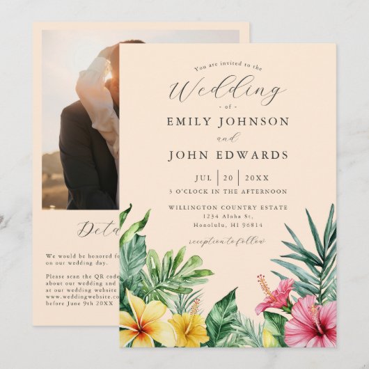 桃のトロピカルフラワー写真QRコードウェディング 招待状 (正面/裏面)