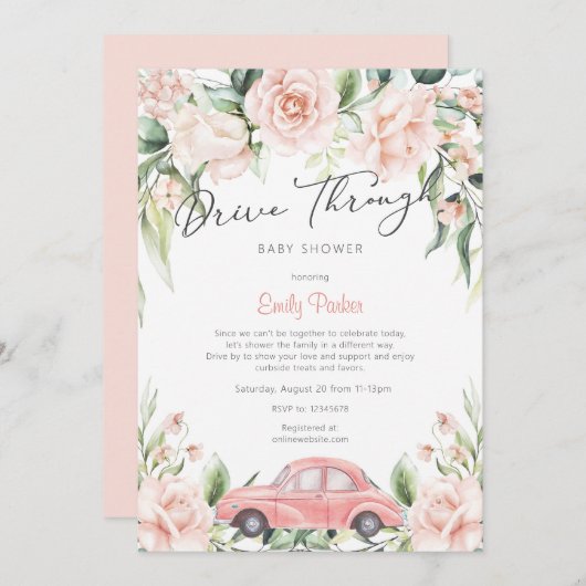 桃のドライブスルー水彩フローラベビーシャワー 招待状 (正面/裏面)
