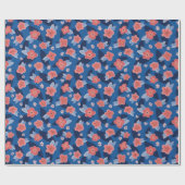 桃のネイビーブルー花柄誕生日 ラッピングペーパー (フラット)