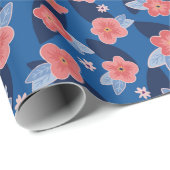桃のネイビーブルー花柄誕生日 ラッピングペーパー (ロールコーナー)