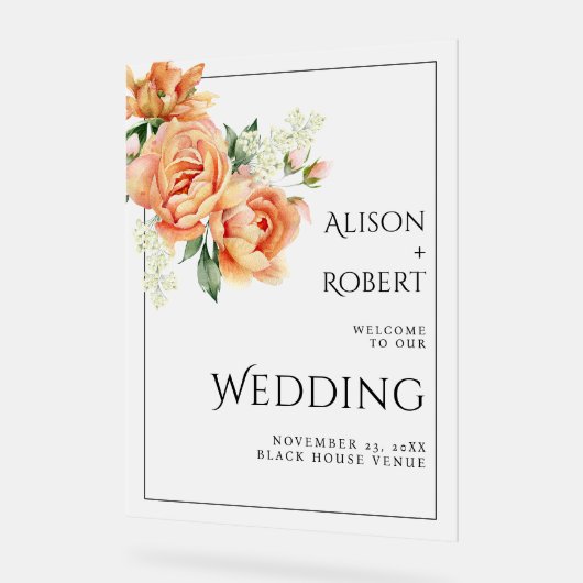 桃のバラと牡丹は霜の結婚降りた アクリルサイン (傾斜)