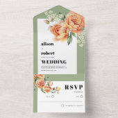 桃のバラの花セージ緑結婚の枠 オールインワン招待状 (内側)
