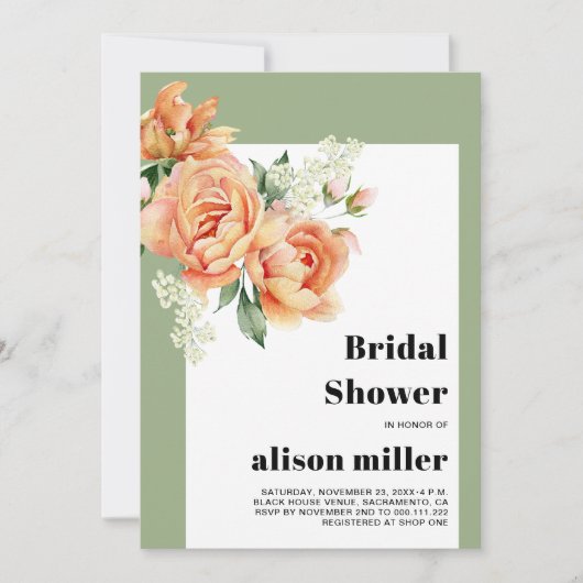 桃のバラセージ緑のブライダルシャワーとフレーム 招待状 (正面)