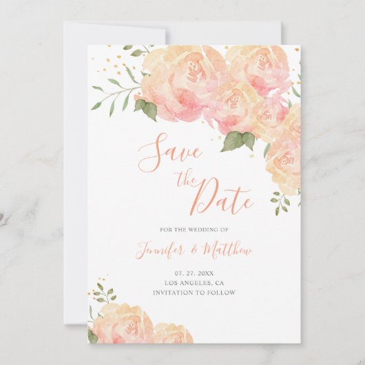 桃のバラフローラ結婚式の日付カードを保存 セーブザデート (正面)