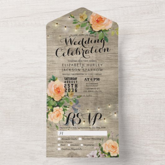 桃のバラ素朴ウッドストリングライツウェディングRSVP オールインワン招待状 (内側)