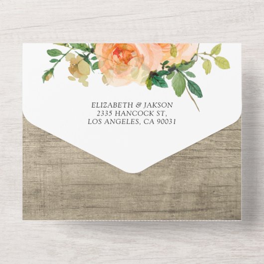 桃のバラ素朴ウッドストリングライツウェディングRSVP オールインワン招待状 (裏面)