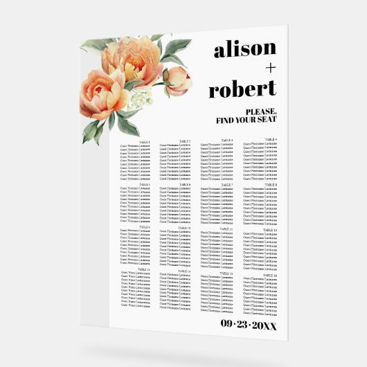 桃のバラ結婚の座席表のあるブランチ アクリルサイン (傾斜)