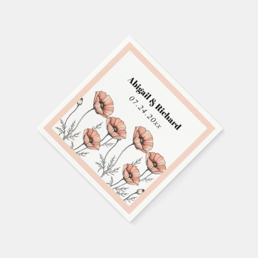 桃のピンクのケシの花のフローラ結婚ズ スタンダードカクテルナプキン (角)