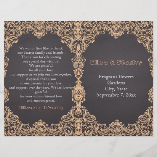 桃のフレーム、黒板の折り畳まれた結婚式プログラム (正面)