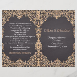 桃のフレーム、黒板の折り畳まれた結婚式プログラム