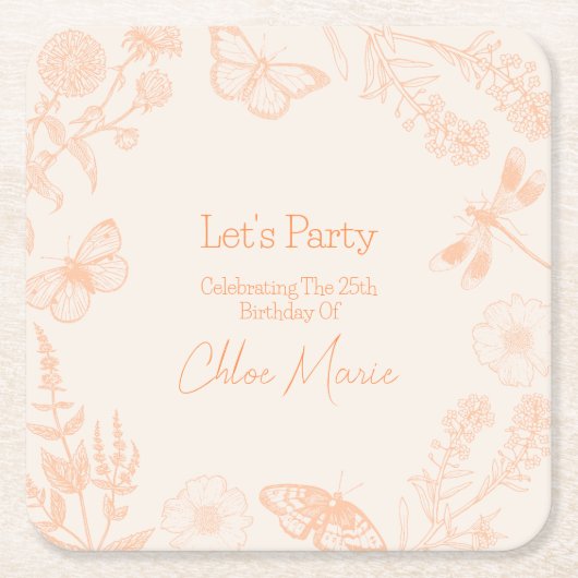 桃のフローラコースター:パーティーの美学オン・ポイント スクエアペーパーコースター (正面)