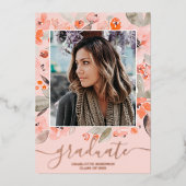 桃のフローラ緑の台本3枚の写真の卒業 箔招待状 (正面)
