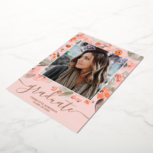 桃のフローラ緑の台本3枚の写真の卒業 箔招待状 (回転した状態)