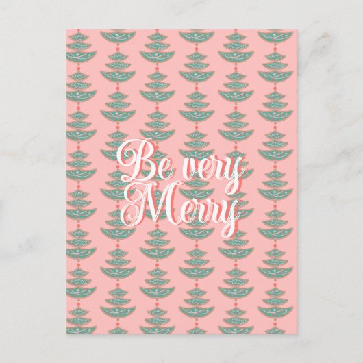 桃のモダン上のヴィンテージのクリスマスツリーパターン シーズンポストカード (正面)