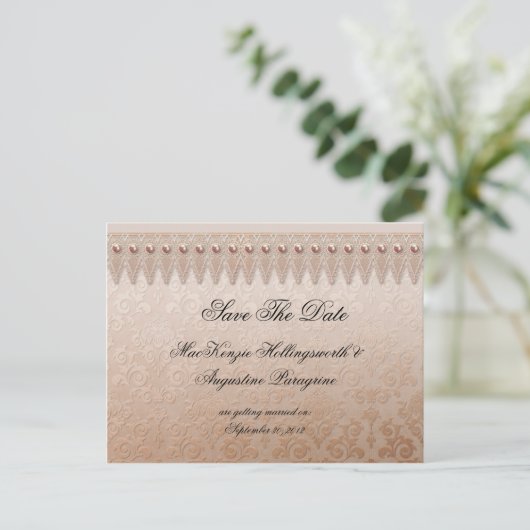 桃のレースとダマスク日付を保存 案内ポストカード (スタンド正面)