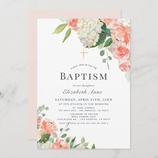 桃のローズ＆ハイドランジア ピンクの女の子の洗礼 招待状 (正面/裏面)
