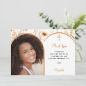 桃のワイルドフローラル写真のアーチ少女の確認 サンキューカード (スタンド正面)