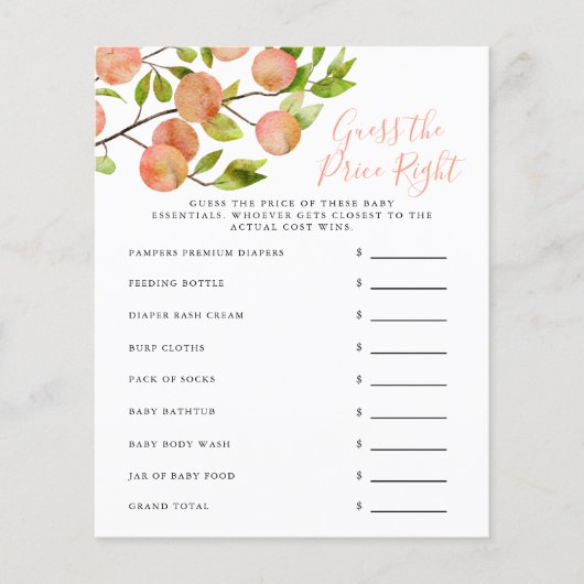 桃の価格を推測する右の赤ちゃんシャワーゲーム (正面)