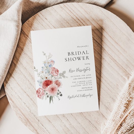 桃の優しいブルーの花のプリンセスシャワー招待状 招待状
