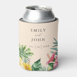桃の優雅な水彩トロピカルフラワーウェディング 缶クーラー