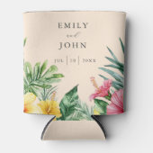 桃の優雅な水彩トロピカルフラワーウェディング 缶クーラー (正面)