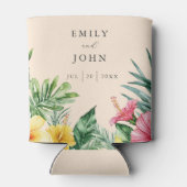 桃の優雅な水彩トロピカルフラワーウェディング 缶クーラー (裏面)