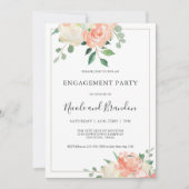 桃の優雅な水彩花モチーフのエンゲージメントパーティー 招待状 (正面)