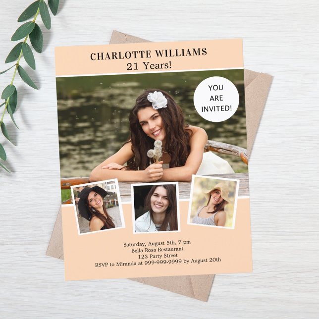 桃の写真コラージュの誕生日の招待状 (クリエイターアップロード済み)