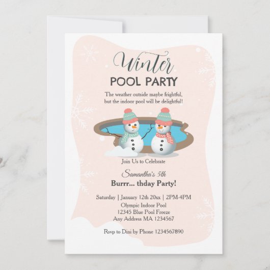 桃の冬のプール誕生日パーティーの写真 招待状 (正面)