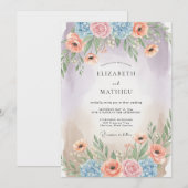 桃の叙情的な春の結婚式 招待状 (正面/裏面)