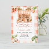 桃の地元で育てた新鮮な市場のベイビーシャワー 招待状 (スタンド正面)