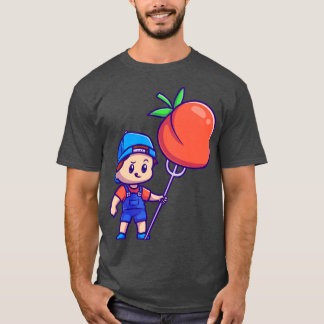 桃の実の漫画を描いたかわいい少年 Tシャツ