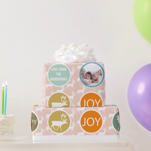 桃の家族写真トナカイのクリスマスブメリーライト ラッピングペーパー (パーティーギフト)