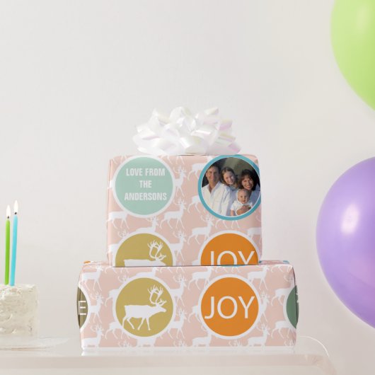 桃の家族写真トナカイのクリスマスブメリーライト ラッピングペーパー (パーティーギフト)