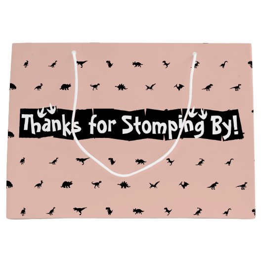 桃の恐竜パーティーバッグ：黒Dinoプリント ラージペーパーバッグ (正面)